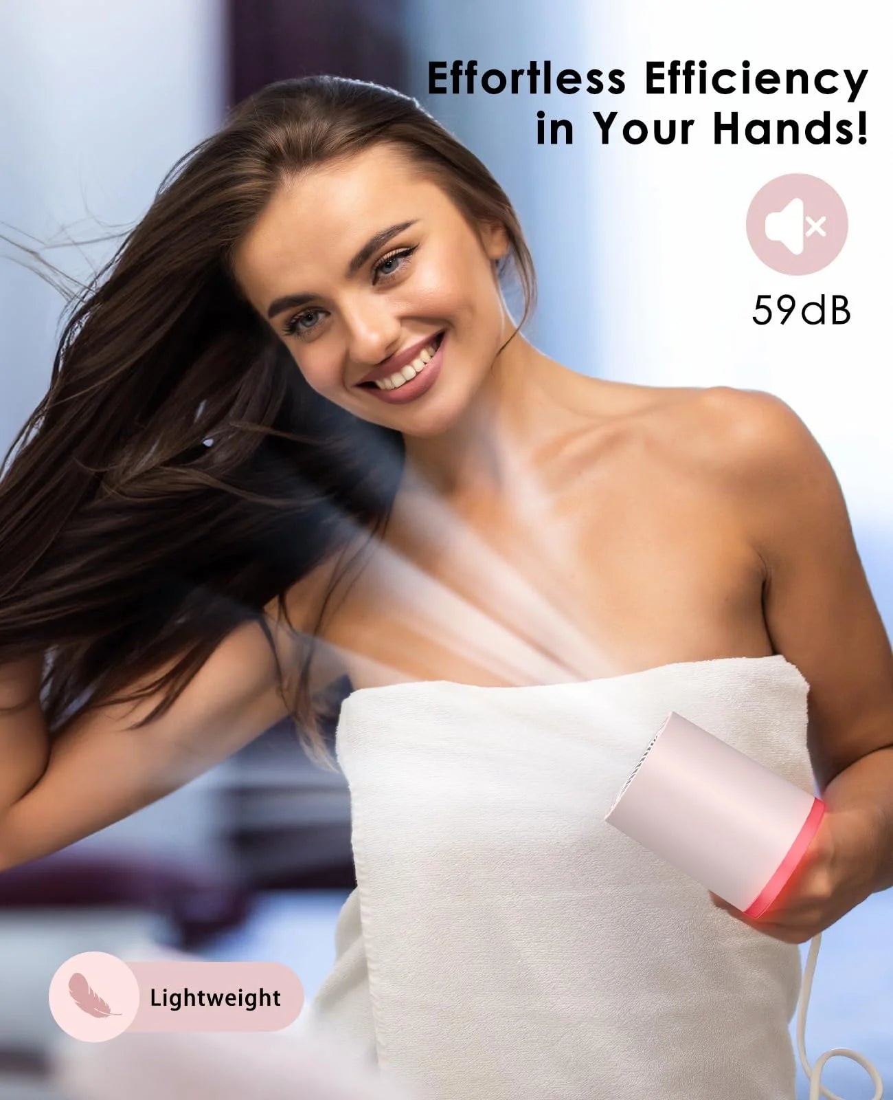 Hair Dryer, High Speed 5X Faster Professional Salon Ionic Blow Dryer with 10 Settings & LCD Display, Portable Lightweight Low Noise Hair Drier with Nozzle for Home & Travel, Perfect Gift, Pink