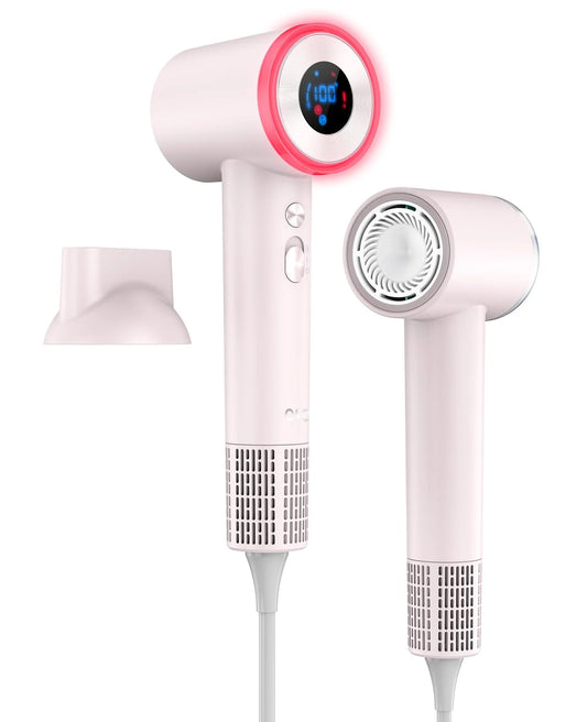 Hair Dryer, High Speed 5X Faster Professional Salon Ionic Blow Dryer with 10 Settings & LCD Display, Portable Lightweight Low Noise Hair Drier with Nozzle for Home & Travel, Perfect Gift, Pink