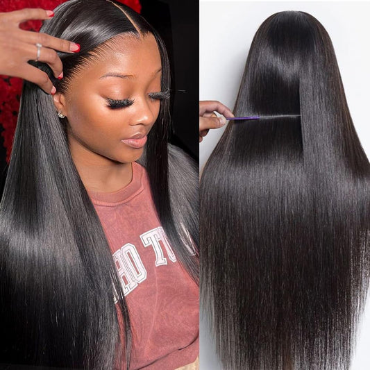 Straight Wigs Human Hair 13X4 Straight Lace Front Human Hair Wig Pre Plucked HD Transparent 30 Inch Lace Frontal Straight Human Hair Wigs for Women with Baby Hair 180 Density Natural Black